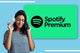 Woman wearing headphones with Spotify Premium logo on a blue background