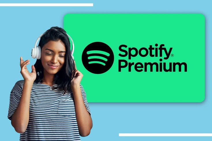 Woman wearing headphones with Spotify Premium logo on a blue background