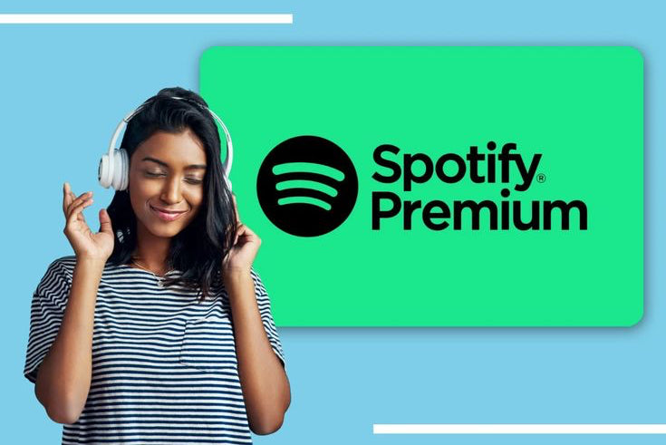 Woman wearing headphones with Spotify Premium logo on a blue background